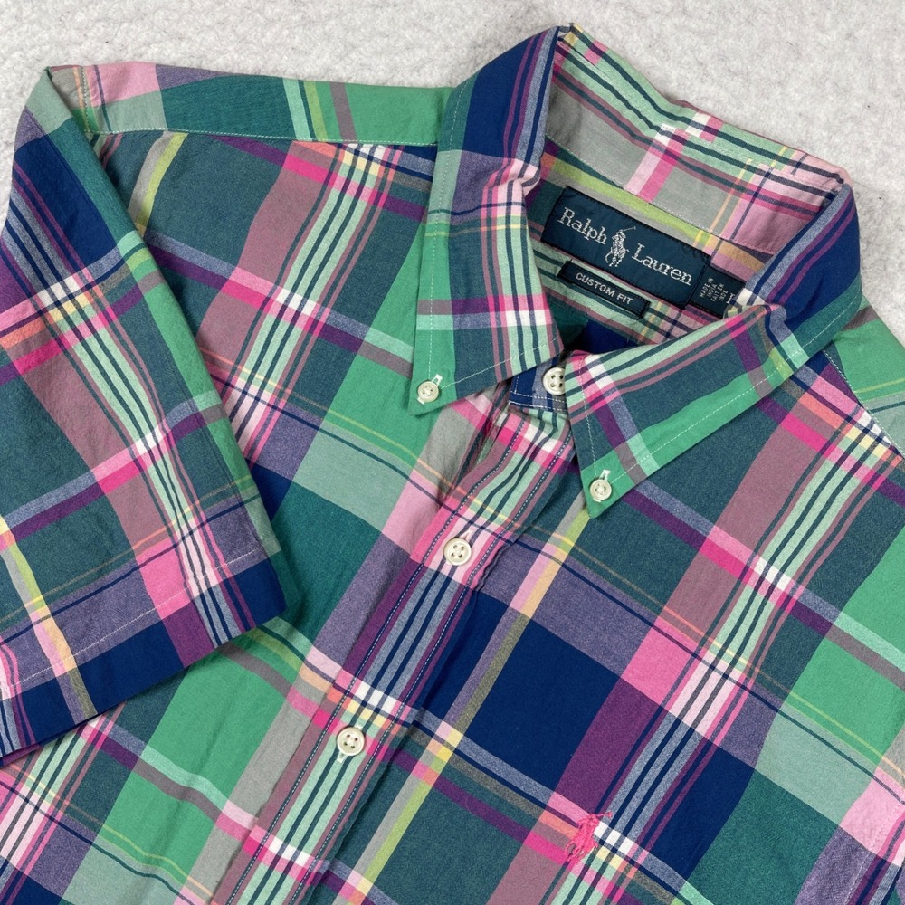 Ralph Lauren Button Down Shirt Mens Large Green Pink Plaid Custom Short Sleeve